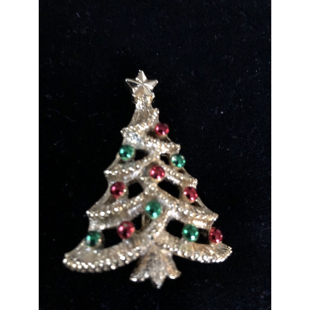VTG. GERRY'S RED & GREEN ENAMEL GOLD TONE OPEN WORK CHRISTMAS TREE/STAR BROOCH